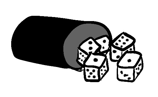 Illustratie spelletje Yathzee met bekertje om te gooien en vijf dobbelstenen