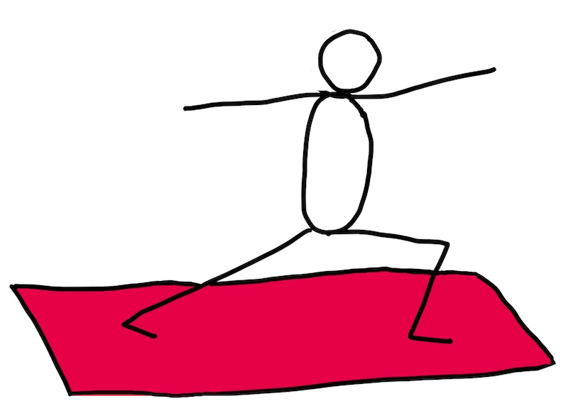 Bepaal je eigen vakantie ritme. Doe bijvoorbeeld yoga. Lijnillustratie zwartwit - poppetje dat yoga warrior 2 pose doet op rode yoga mat.