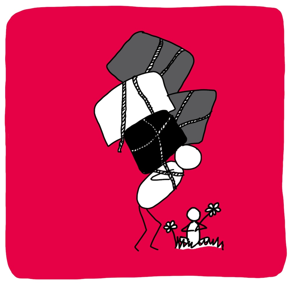 Verbeelding van de zin 'Ik heb de pijn voor jou gedragen'. Getekend poppetje die kromgebogen loopt met op de schouders vier grote, zware, pakken. Rechts naast dit sjouwende poppetje zit een getekend jonger poppetje dat rustig in het gras zit met bloemen. Tekening is zwart wit, in een rood vlak.