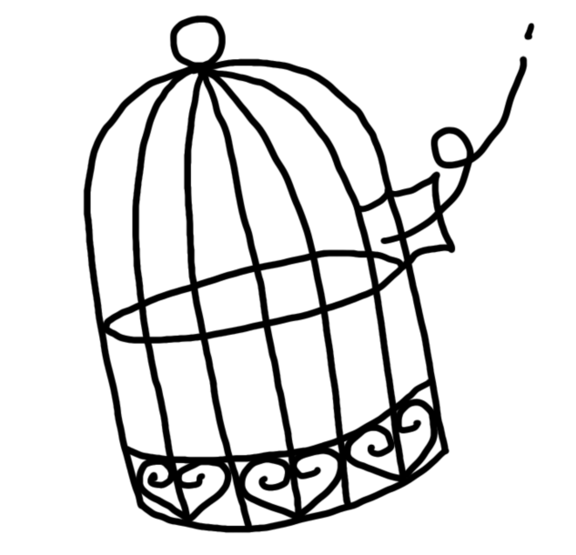 Symbool voor bevrijd jezelf kern-traject, een kooitje met de deur open, als symbool voor bevrijding van eetbuien en boulimia