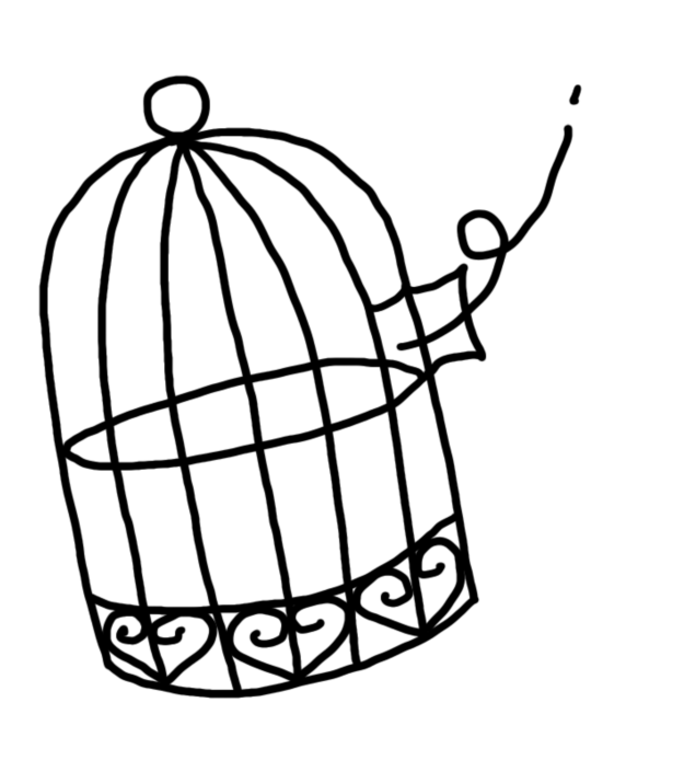 Illustratie van een open vogelkooitje als symbool voor vrijheid.