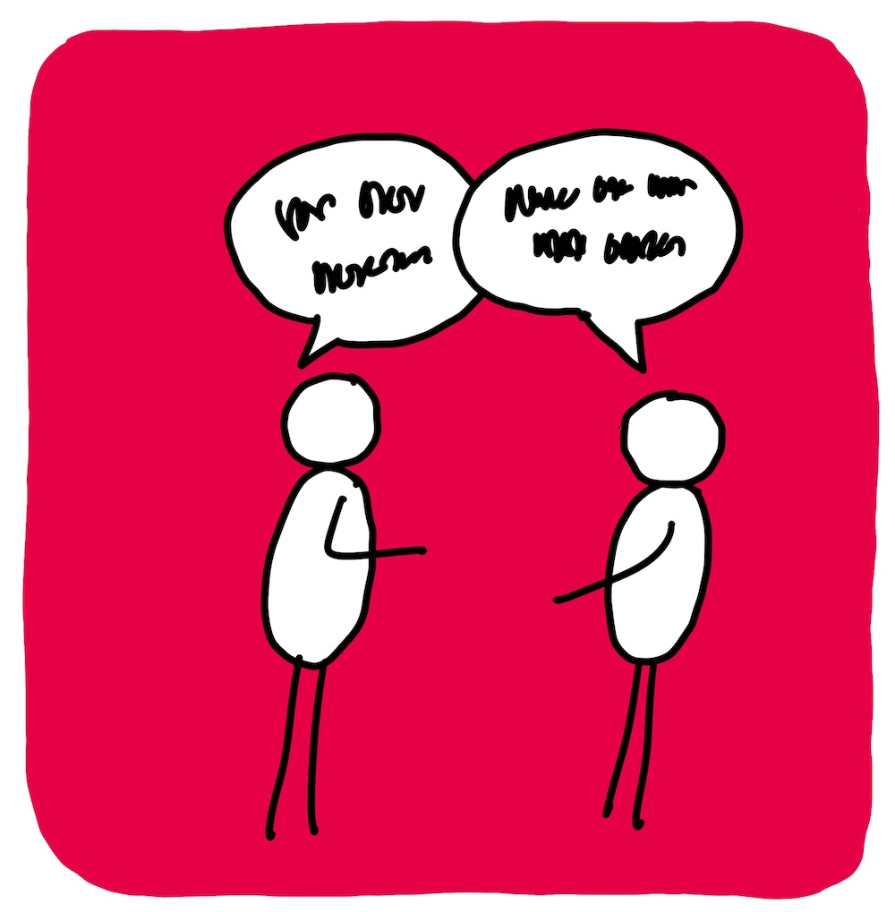 Illustratie in zwart wit in een rood vierkantje. Twee poppetjes (personen: degene met een eetstoornis en een naaste) staan tegenover elkaar. In tekstballonnetjes zie je dat ze met elkaar praten.