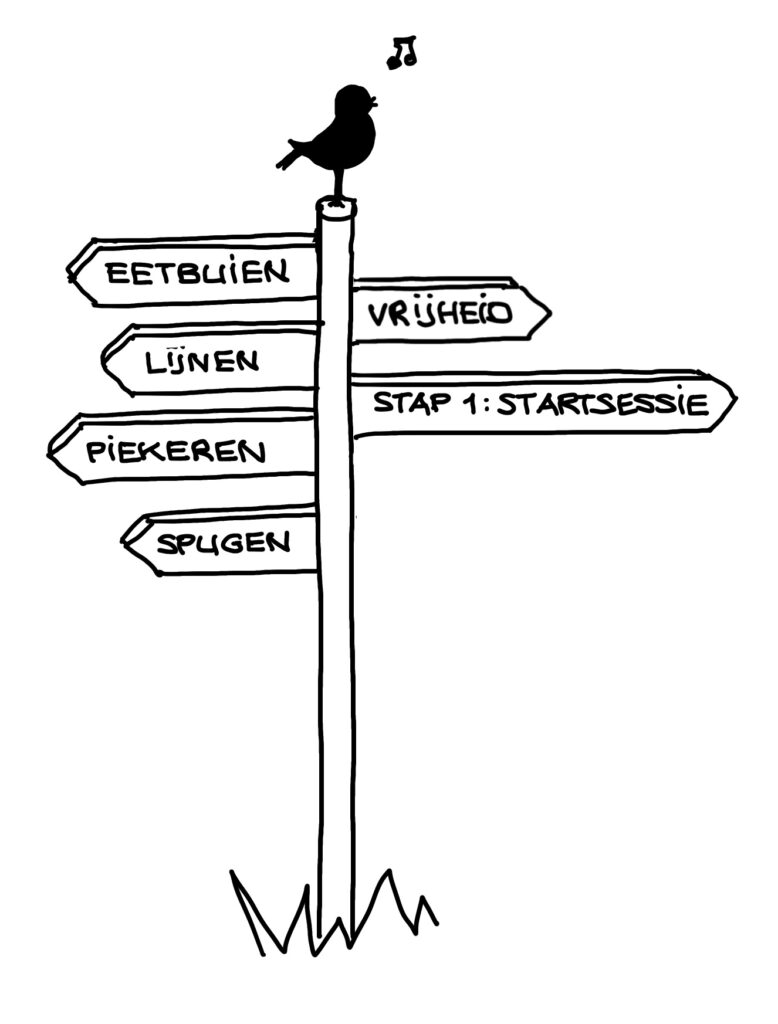 Illustratie van een wegwijzer in het gras met meerdere pijlen. Op de linker pijlen staan “eetbuien”, “lijnen”, “piekeren” en “spugen” de kanten die je achter je laat. Aan de rechterkant wijzen pijlen naar “vrijheid” en “stap 1: startsessie”. Boven op de paal zit een klein zingend vogeltje, dat symbool staat voor lichtheid en de eerste stap naar vrijheid van eetbuien en boulimia.