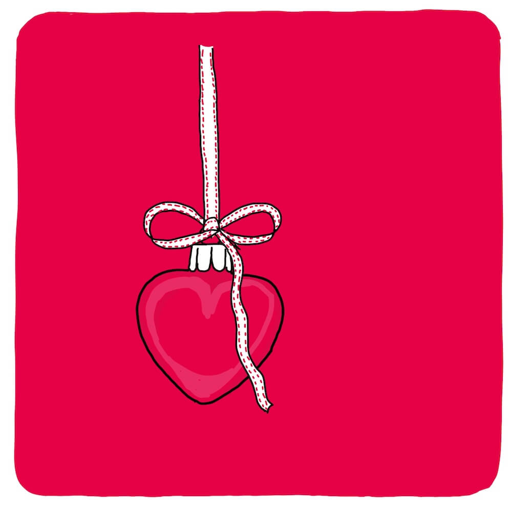 Illustratie van een rood hart dat aan een lint hangt, op een rode achtergrond