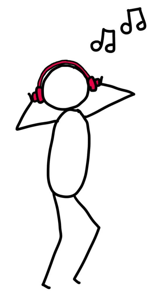 Lijntekening van een figuur met een koptelefoon op, luisterend naar muziek