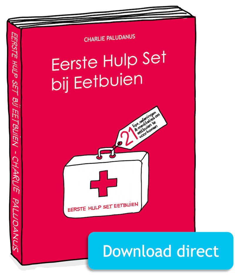 Illustratie e-boek met titel Eerste Hulp Set bij Eetbuien met als afbeelding van een wit koffertje met rood kruis erop met de tekst Eerste Hulp Set bij Eetbuien en een labeltje aan het handvat met de tekst 21 tips, oefeningen en meditaties om eetbuien te voorkomen. En een button om het e-boek te downloaden.
