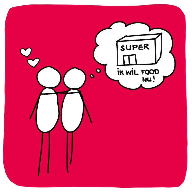 Getekende illustratie van twee personen die dicht bij elkaar staan. De linker genietend van de verbinding, verbeeld door twee hartjes. De ander al in gedachte bij eetbui-eten halen bij de supermarkt verbeeld door een gedachtenwolk met daarin een plaatje van de supermarkt en te tekst ik wil food, nu! 