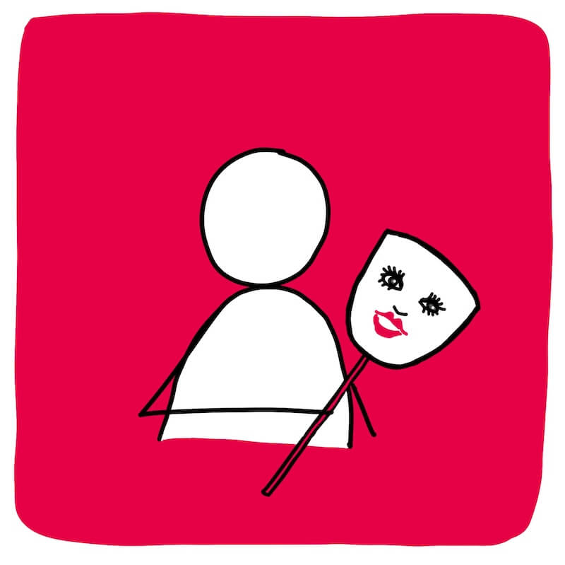 Getekende illustratie van een persoon die een masker vasthoudt, als symbool voor het loslaten van oude rollen.