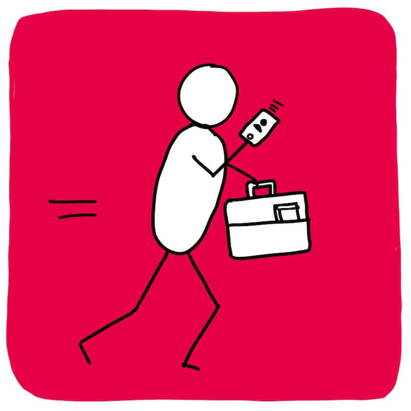 Getekende illustratie van een persoon die haastig loopt met een tas en telefoon in de hand, als beeld voor werk en prestatiedruk.