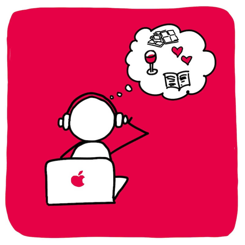 Getekende illustratie van een jong persoon met koptelefoon en laptop, met een gedachtewolk vol plannen en verlangens.