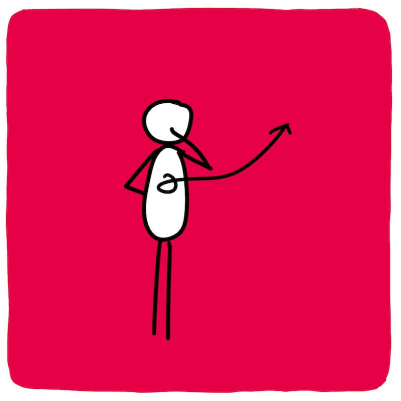 Illustratie van een eenvoudig getekend poppetje op een roze achtergrond. Vanuit de buik loopt een lusvormige lijn naar buiten met een pijl omhoog. De tekening verbeeldt het verleggen van aandacht van innerlijke eetbuidrang of onrust naar de omgeving – een hier-en-nu oefening van Charlie Paludanus, Vrij van Eetstoornis.