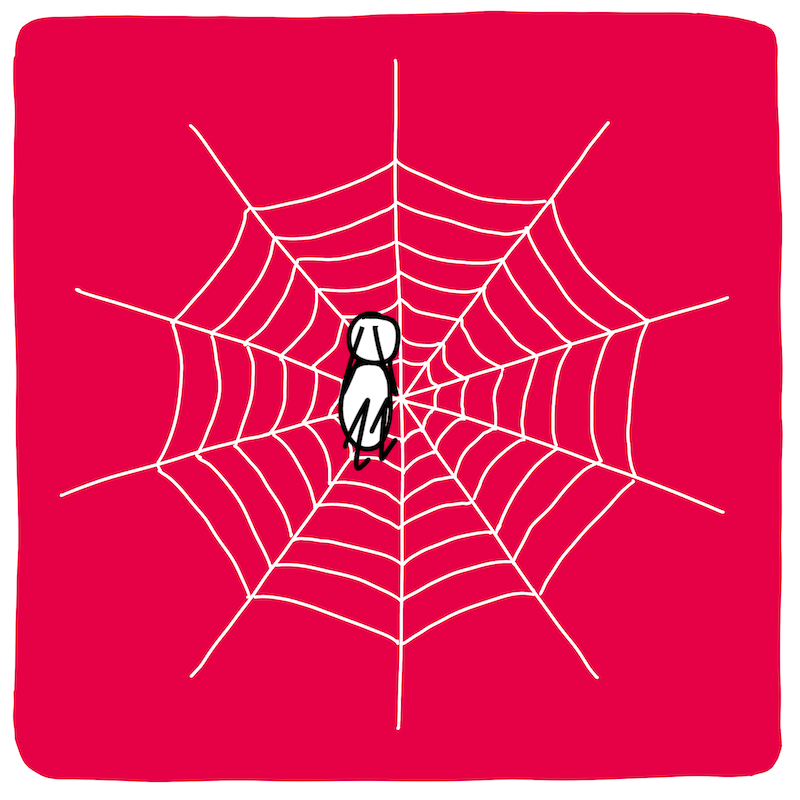 Illustratie van een persoon gevangen in een spinnenweb als metafoor voor vastzitten in eetbuien en eetstoornis