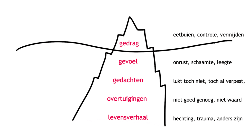 IJsbergmodel van een eetstoornis met zichtbaar gedrag boven water en gevoelens, overtuigingen en levensverhaal onder de oppervlakte.