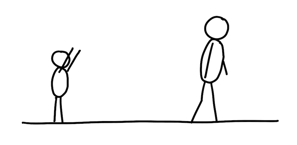 Minimalistische tekening van een klein figuur dat contact probeert te maken met een ander figuur dat op afstand blijft staan.