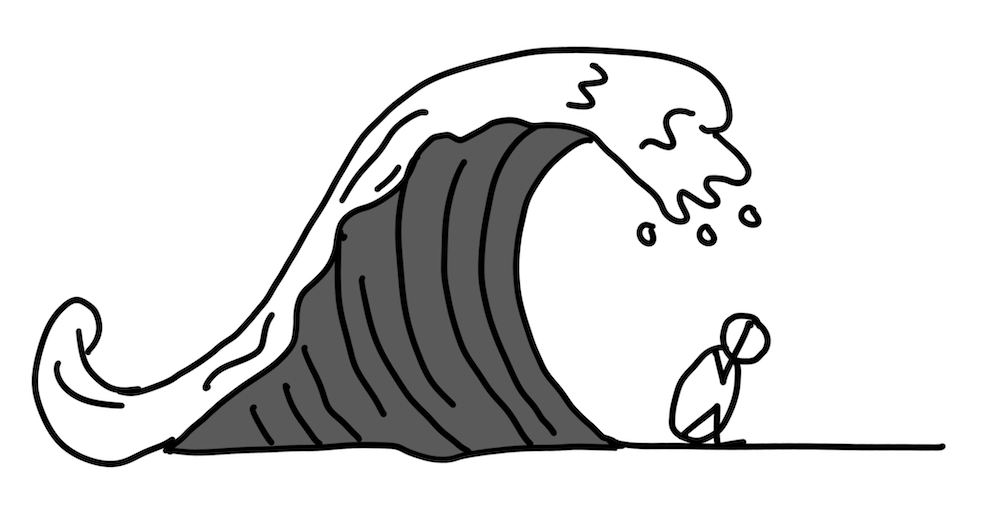 Zwart-witte tekening van een persoon onder een grote golf als symbool voor overweldiging, stress en trauma.