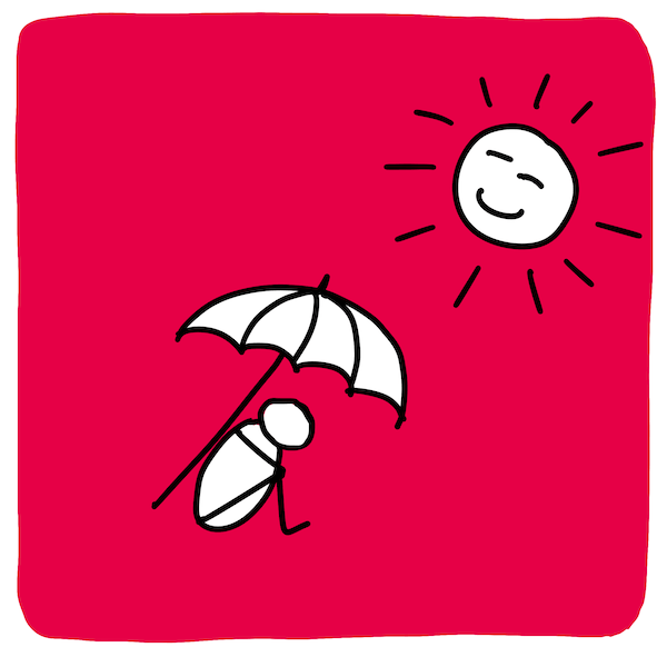 Illustratie in een vierkant rood vlak met ronde hoeken met rechts bovenin een lachend zonnetje met stralen en linksonder een paarasol met daaronder een poppetje dat er niet vrolijk uitziet.
