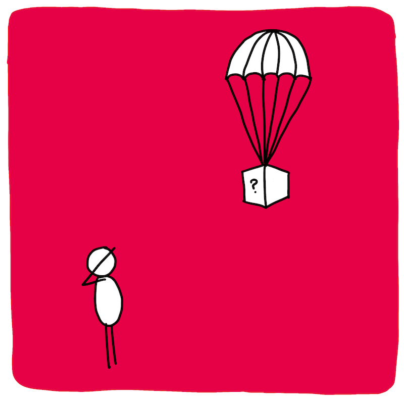 Illustratie van een persoon die omhoog kijkt naar een parachute met een doosje met een vraagteken